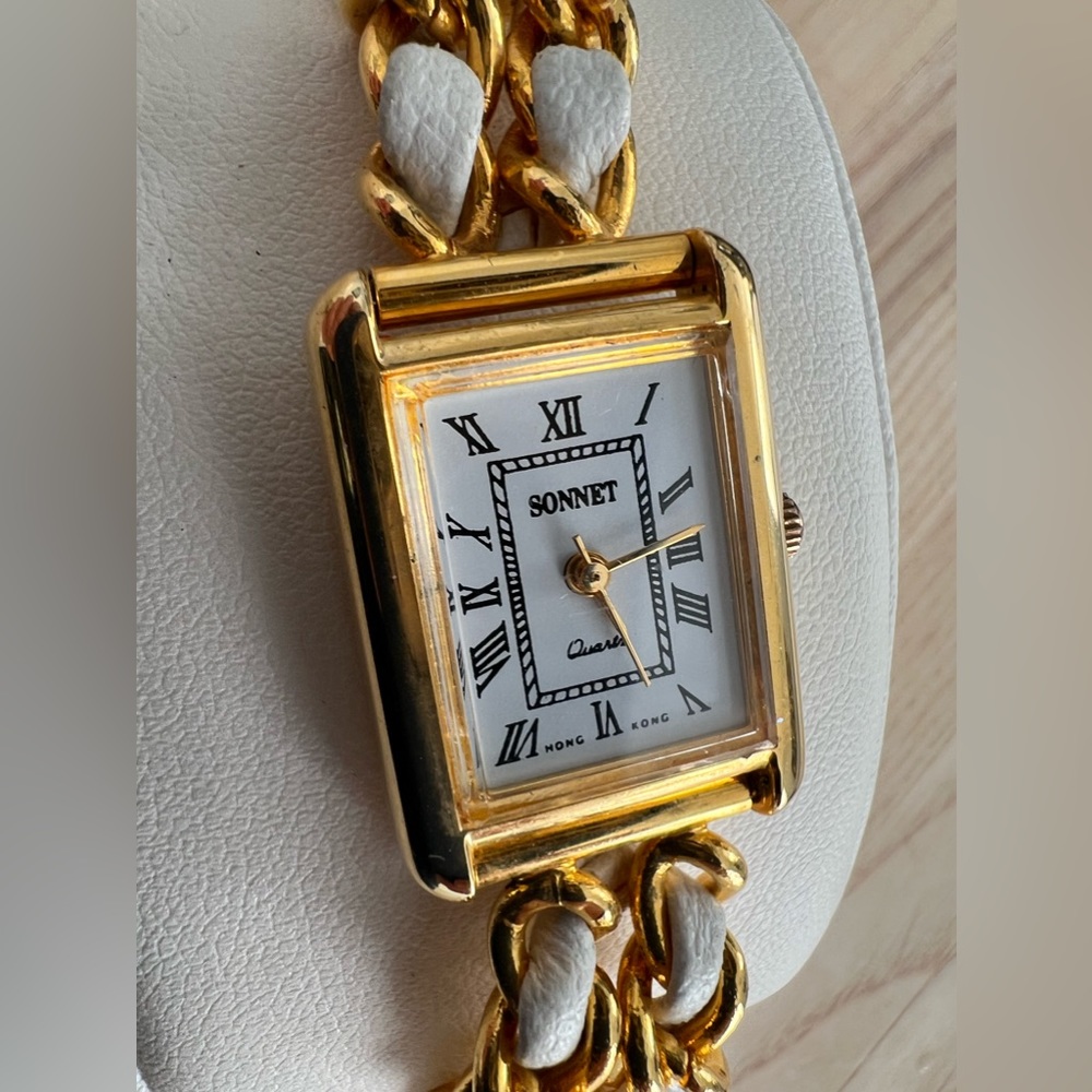 Sonnet Ladies Watch Gold Tone and White Leather Weave Bracelet White Dial